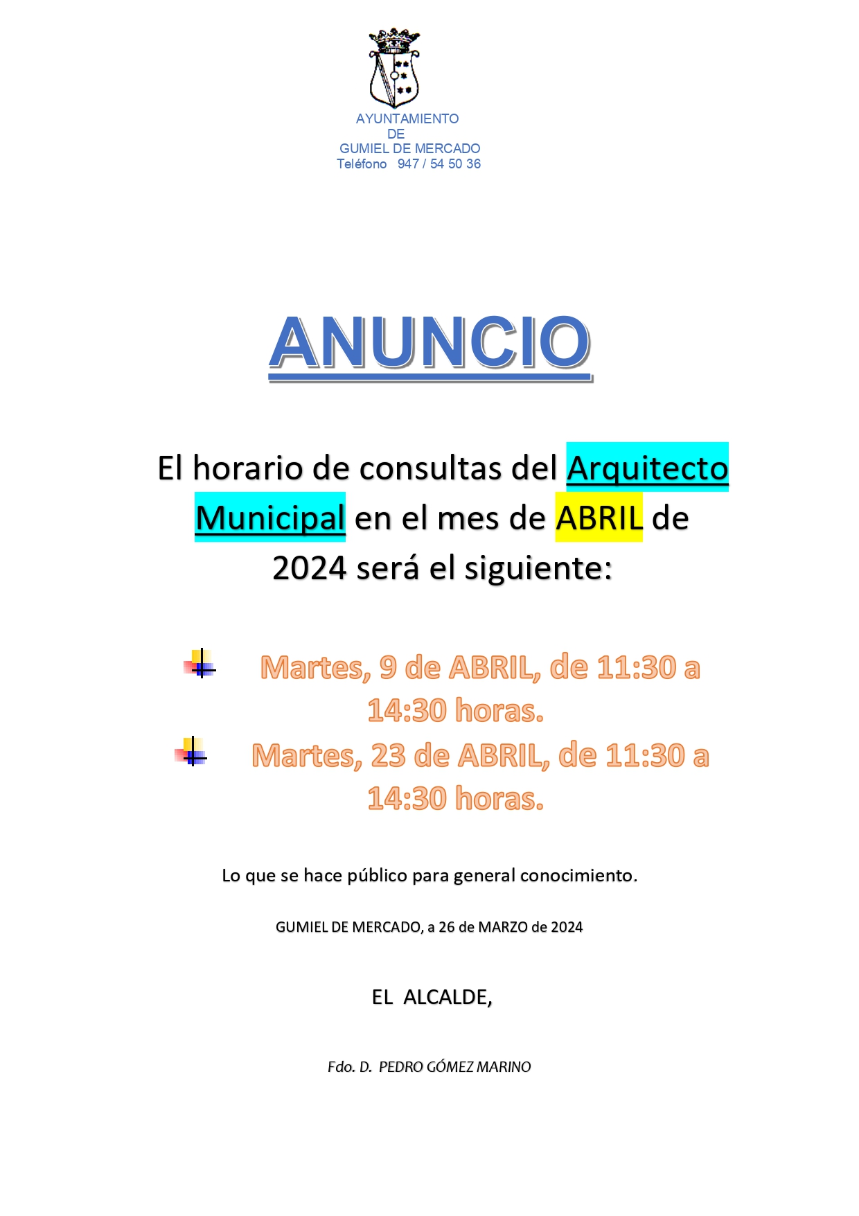 HORARIO ARQUITECTO MUNICIPAL -  ABRIL 2024